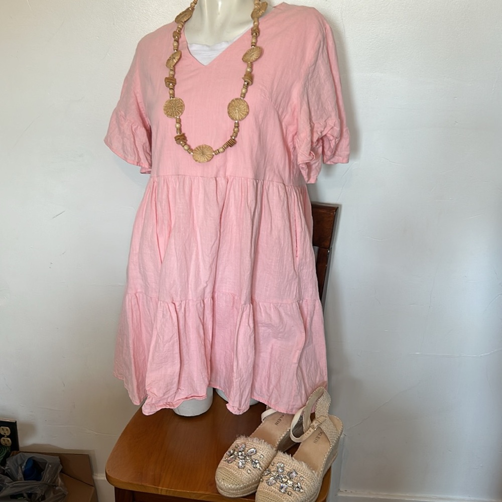 Light Pink V-Neck Tiered Women's Dress - Picture 2 of 7